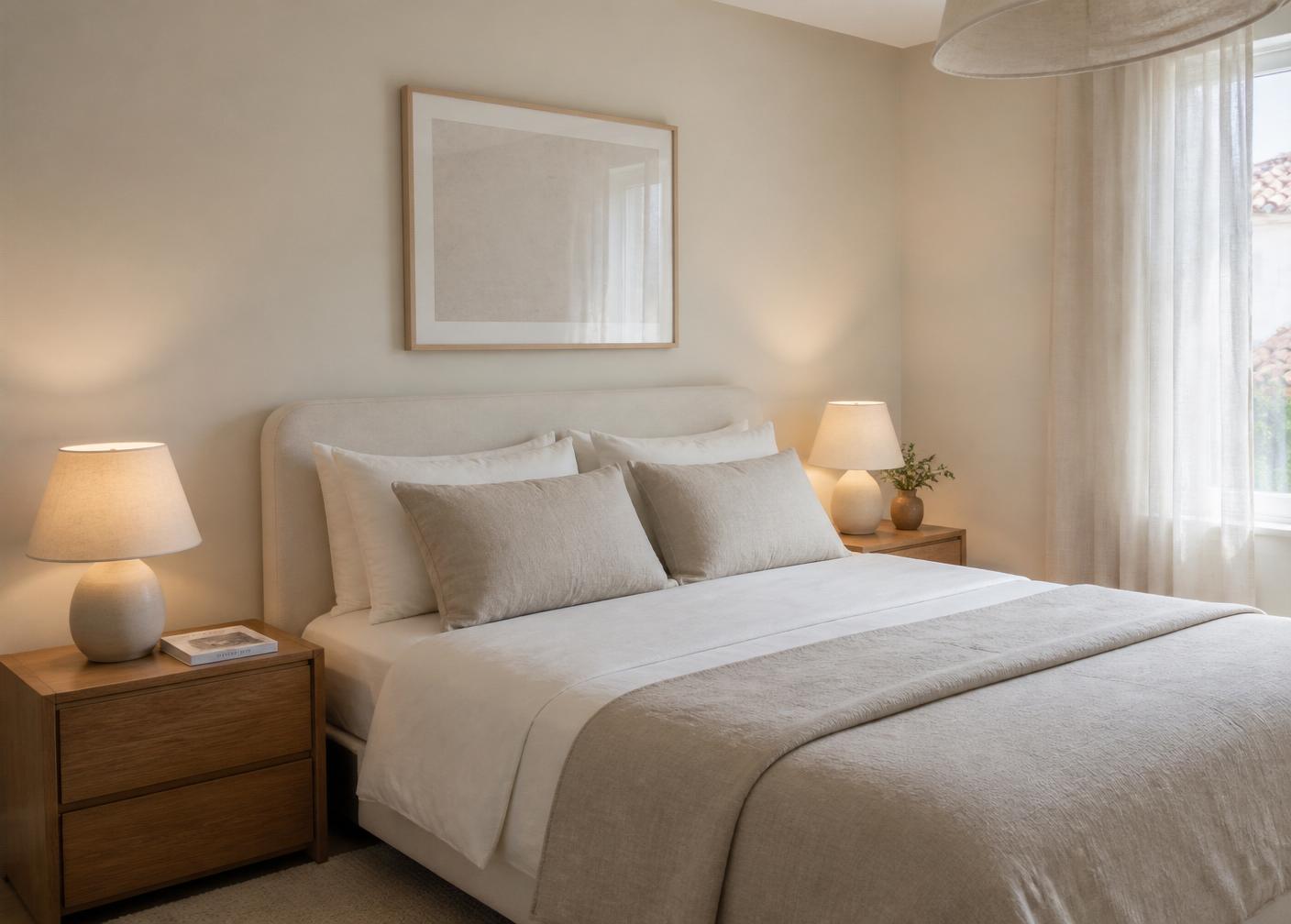 O mesmo quarto após restyling, luminoso, minimal e acolhedor