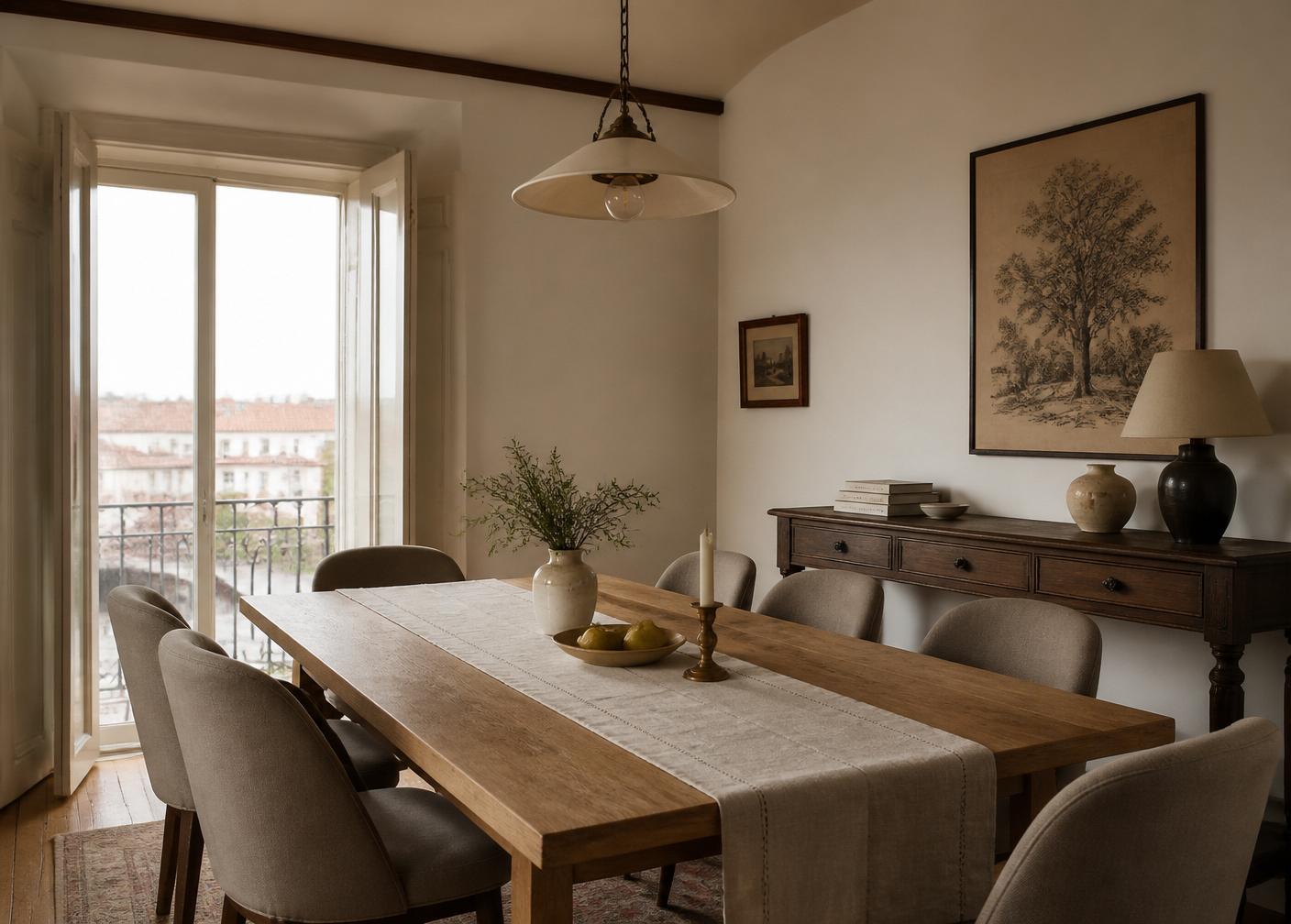Cozinha em tons creme com detalhes em latão e mesa de madeira